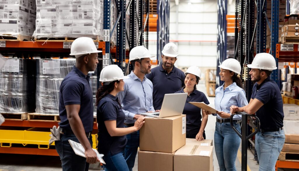 Industrial workers wearing hard hats