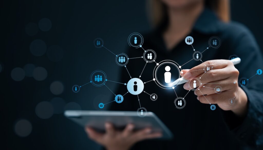 Digital overlay of staffing personnel with woman using an ipad