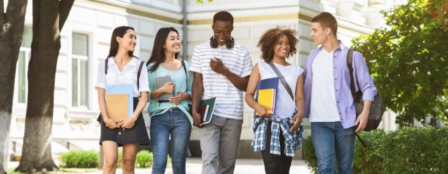 group of college kids walking